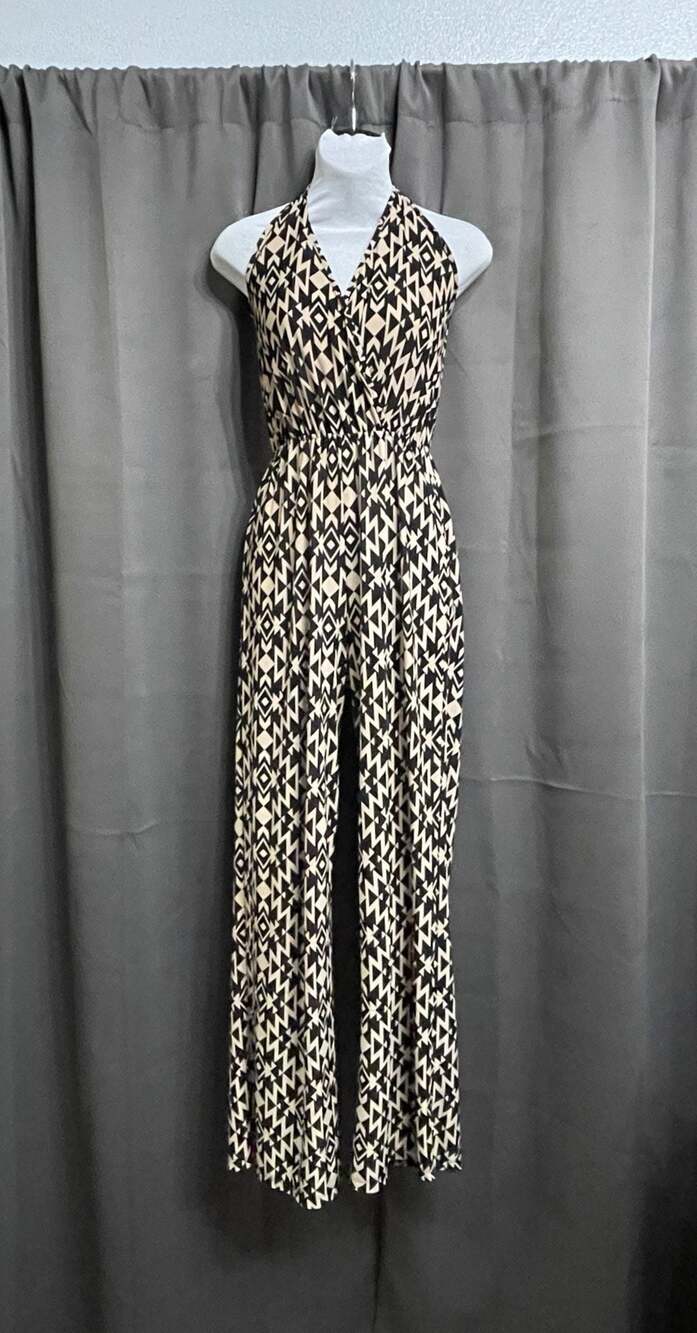 Emi & Joe Women's Black tan Geometric Print Halter Neck Wide Leg Jumpsuit